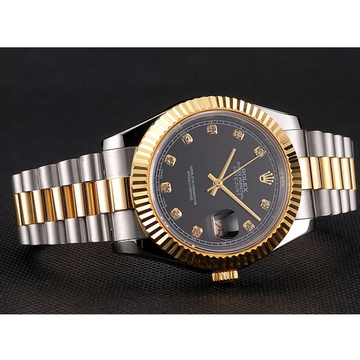Best AAA Replica Sites Black Tone Dial Stainless Datejust Swiss Bracelet Steel Two Rolex Case Bezel Gold 0724
